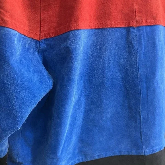 Vintage 80s 100% Leather Suede Parka Coat Tri Color Block Fully Lined Medium